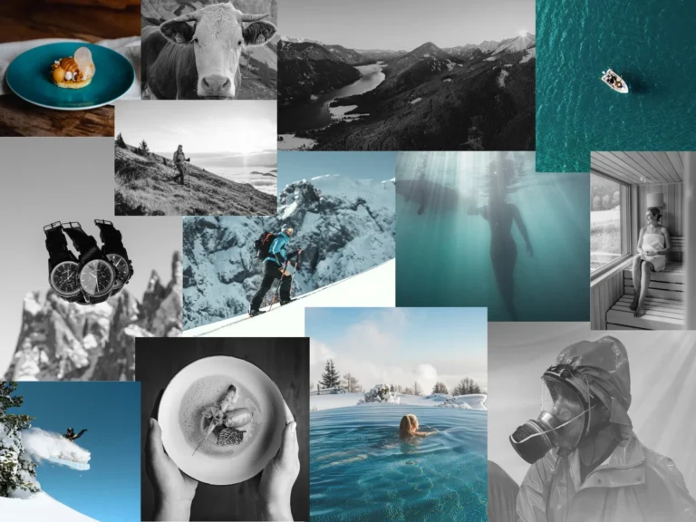 Collage aus Outdoor- und Food-Szenen, vom Skifahren bis zu Bergansichten, Unterwasserschwimmern und gemütlichen Saunen - die perfekte Inspiration für Social Media Content für Unternehmen. – SquadTwenty Werbeagentur Kärnten