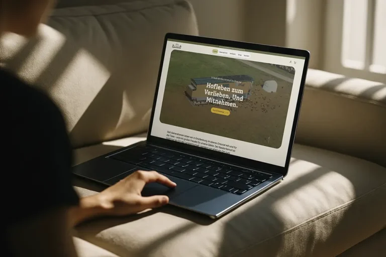 Eine Person, die auf einem beigen Sofa an einem Laptop sitzt und die Rasdorferhof Website durchblättert, wobei die Meldung